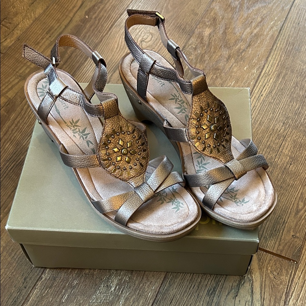 Bronze Embellished Wedge Sandals - Women's Metallic Slingback Wedges